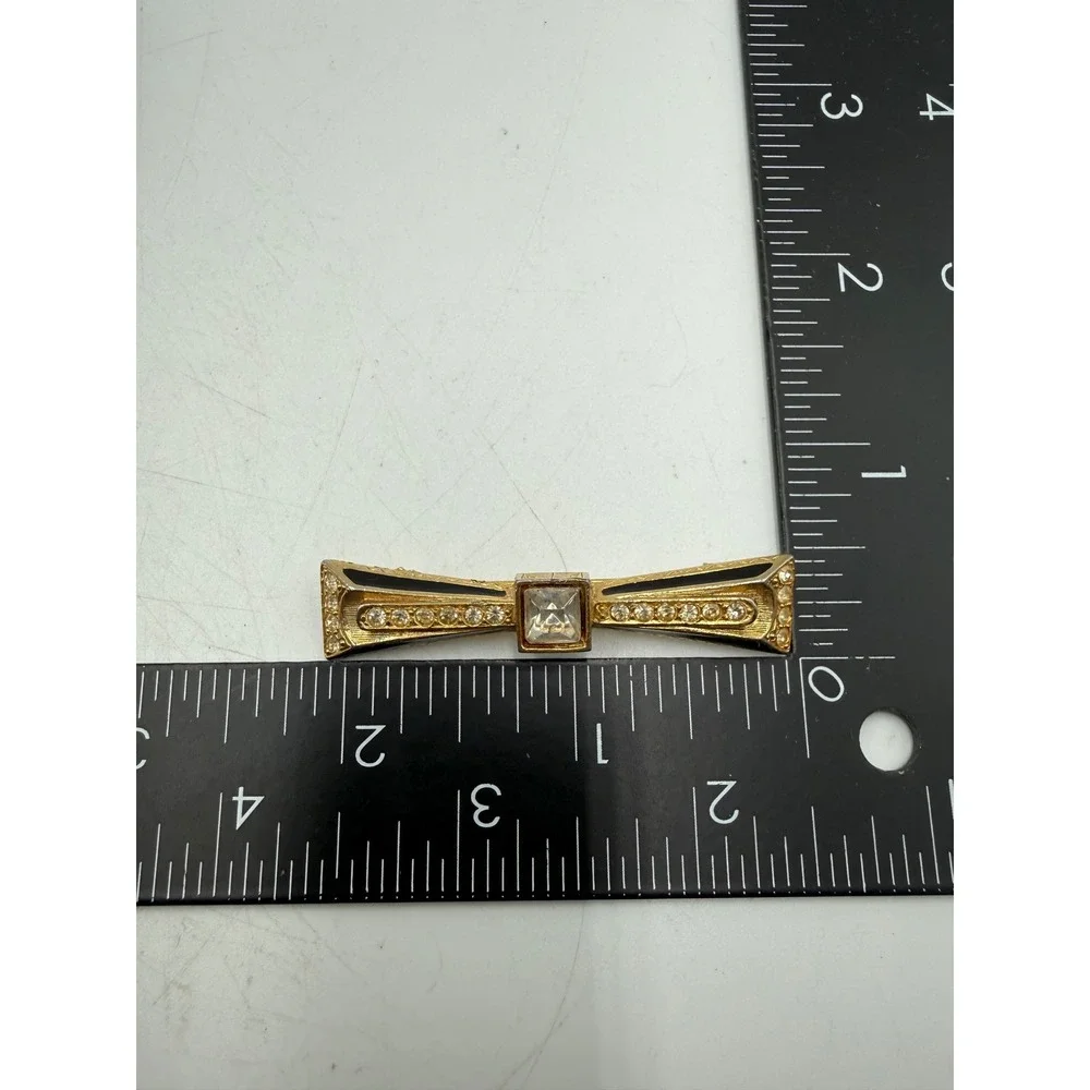 Vintage Gold‎ Tone Art Deco Bow Brooch Black Enamel Crystal Rhinestone Bar Pin